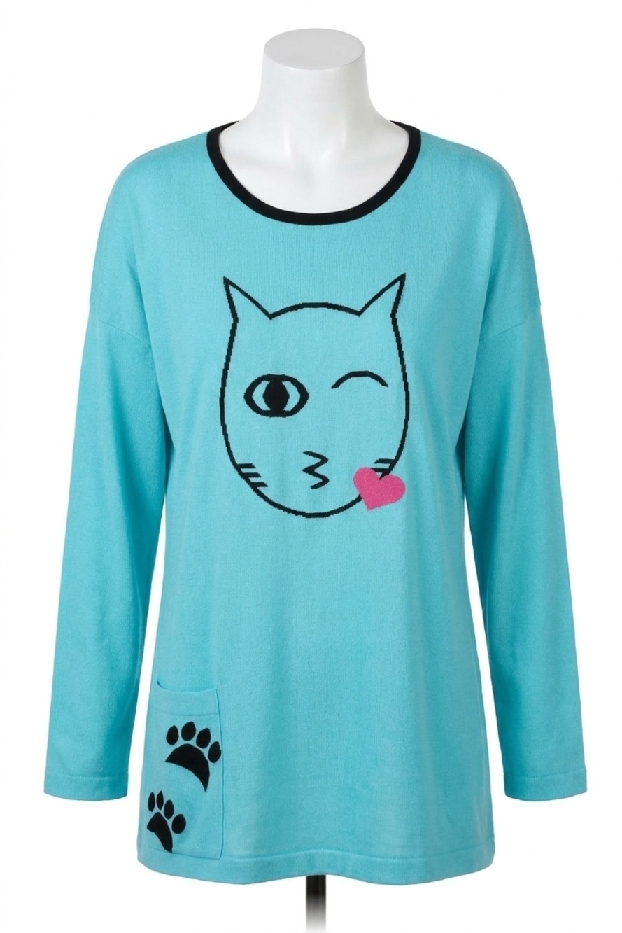 NEW ANGEL cat kiss graphic sweater in turquoise/black